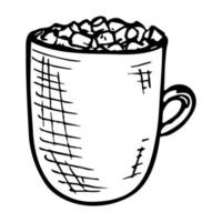 Cute cup of coffee or hot chocolate with marshmallow. Simple mug clipart. Cozy home doodle vector