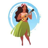 Young woman in traditional hawaiian skirt with ukulele guitar. Vector illustration isolated on white background