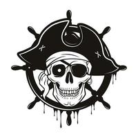 Pirate emblem with steering wheel and skull in a hat and eye patch. Vector hand drawn cartoon illustration isolated on white background