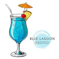 Blue lagoon cocktail, hand drawn alcohol drink with pineapple slice, cherry and umbrella. Vector illustration on white background