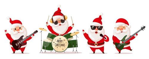 lindo santa claus tocando guitarra eléctrica, batería y canto, banda de rock. ilustración vectorial aislado sobre fondo blanco vector