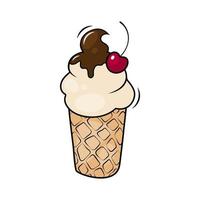 helado con glaseado de chocolate y cereza en una taza de gofres, ilustración vectorial vector