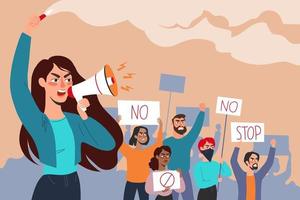 multitud de personas diversas en la protesta. mujer con un megáfono y una bengala que apoya las protestas contra el telón de fondo de activistas enojados con carteles. ilustración plana vectorial vector