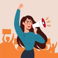 Women with placards and loudspeakers at the protest. Fight for equality, women's rights. Vector flat illustration