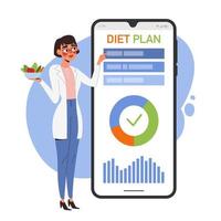 nutricionista hace un plan de dieta en una aplicación móvil. concepto de consulta de nutrición en línea. ilustración vectorial de dibujos animados vector