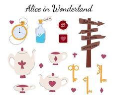 Alice in Wonderland set of items in the hand drawn style vector