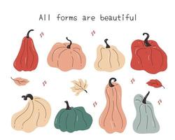 Hand drawn set of pumpkins of different bright and shaped colors with leaves vector