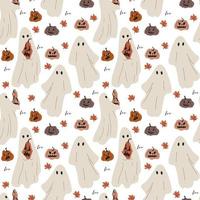 Hand drawn seamless pattern with scary faces and ghosts for Halloween vector