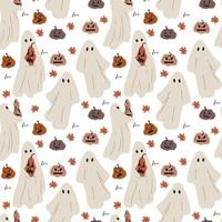 Hand drawn seamless pattern with scary faces and ghosts for Halloween vector