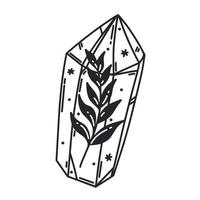 icono de vector de cristal mágico. planta con hojas dentro de cristal de cuarzo. rama dentro de un prisma celeste. contorno negro aislado en blanco. clipart vintage para logotipo, web, cosméticos, tarjeta