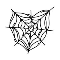 Spider web vector icon. Cute gossamer in the shape of a heart. Black outline, simple sketch isolated on white. Cobweb doodle. Illustration for Halloween decor, holiday cards, invitations, print