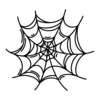 Spider web vector icon. Old, crooked, sticky cobweb. Black outline, simple sketch isolated on white. Gossamer doodle. Illustration for Halloween decor, holiday cards, invitations, logo design, print