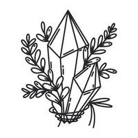 Magic crystal vector icon. Quartz and ivy branch tied with a thread. Celestial moonstone isolated on white. Black outline, sketch. Vintage clipart for logo, web, cosmetics, card, boho, print, tattoo