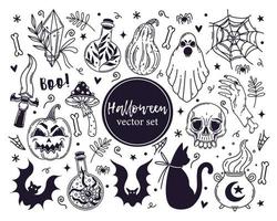 conjunto de iconos de vector de halloween. símbolos de vacaciones de otoño: calabaza, gato negro, murciélago, telaraña, poción de bruja, elementos mágicos. garabato de dibujos animados aislado en blanco. boceto para decoraciones de temporada