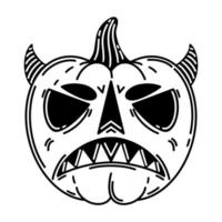 icono de vector de calabaza de Halloween. linterna jack aislado en blanco. cara espeluznante malvada en una calabaza. demonio con cuernos, terrible sonrisa. símbolo de vacaciones de otoño. boceto vegetal aterrador para web, logotipo, aplicaciones