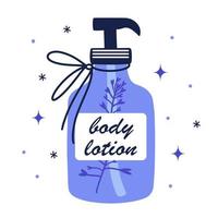Body lotion vector icon. Plastic bottle with cosmetic product for skin care and cleansing. Natural herbal cream with lavender isolated on white. Flat cartoon clipart for beauty, logo, web, apps
