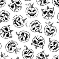 Funny Halloween pumpkins seamless vector pattern. Jack lantern isolated on white background. Smiling and creepy faces on a vegetable. Autumn backdrop for wallpaper, fabric, wrapping, print