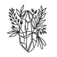 Magic crystal vector icon. Quartz, branches with leaves and berries. Celestial prism isolated on white. Black outline, sketch. Symbol of witchcraft, astrology, occultism.Boho clipart for web,cosmetics