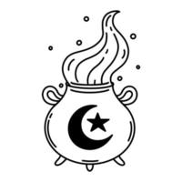 Witch cauldron vector icon. Boiler with handles, decorated with magic symbols - crescent, star. Black outline, simple doodle isolated on white. Potion with steam, bubbles. Sketch for web, logo, apps