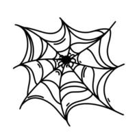 araña girando un icono de vector web. el arácnido se sienta en el centro de la telaraña pegajosa. contorno, boceto simple aislado en blanco. gasa vieja torcida. ilustración para decoración de halloween, tarjetas navideñas