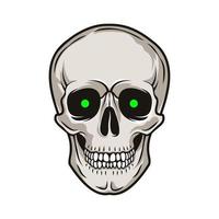 Human skull with green eyes. Front view. Vector hand drawn illustration isolated on white background