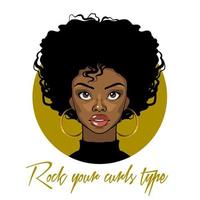 Cartoon vector portrait of an Afro American girl with curly hair, big eyes and golden earrings. Fashion Illustration on white background.