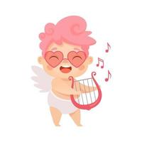 Cute cupid playing the harp. Vector cartoon character for Valentine's day