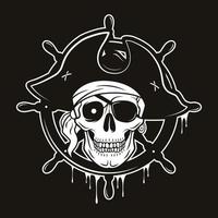 Pirate emblem with steering wheel and skull in a hat and eye patch. Vector hand drawn cartoon illustration isolated on black background
