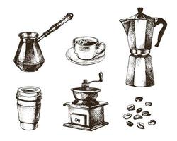 Vector coffee collection in ink hand drawn style. Coffee to go paper cup, coffee grinder, geyser coffee maker, cezve, beans, isolated on white