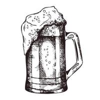 Hand drawn mug of foamy beer, sketch style vector illustration isolated on white background