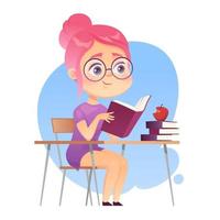 Girl student reading books, doing homework at school or university. Cartoon vector illustration