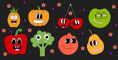 un conjunto de pegatinas con divertidos personajes de dibujos animados de verduras y frutas. vector