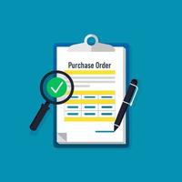 Purchase order form with magnifying glass and pen isolated with blue background. vector