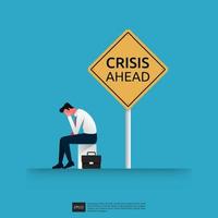 Depressed sad businessman thinking over problems. Crisis sign concept, vector illustration