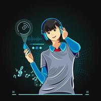 Artificial intelligence digital technology concept. Young girl enjoying music with her smartphone vector illustration pro download