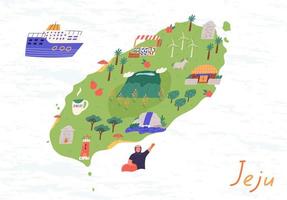 Korean Jeju island map with landmarks and cute elements, cartoon flat vector illustration. Waving Haenyeo woman, Hallasan mountain, Dol Hareubang, lighthouse and Osulloc tea museum.