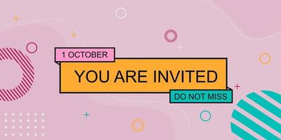 geometric memphis style invitation banner design. pink background vector