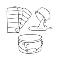 Monochrome set of illustrations, a set of large cans of paint, a palette of colors and shades, vector illustration in cartoon style on a white background