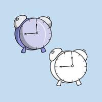 A set of images, a round lilac alarm clock, a vector illustration in cartoon style on a colored background