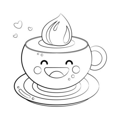 Cute Kawaii Cup Of Coffee Black And White Ilustration Outline