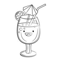 Outline Style Cute  cocktail vector icon isolated on white background. Cartoon Sticker. Kawaii smiling food illustration. Flat cartoon outline style. Coloring page.