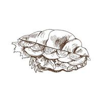 Hand drawn Ink Sketch of Croissant stuffed with lettuce, cheese and tomatoes. Vector illustration. Food elements for menu design. Vintage breakfast.