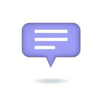 Vector illustration. 3d chat icon, comment, speech bubble with three lines. Rectangular button isolated on white background.