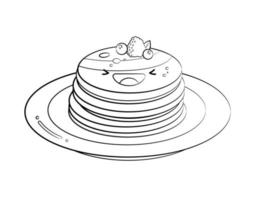 Outline Style cute Pancakes vector icon isolated on white background. Cartoon Sticker. Kawaii smiling food illustration. Flat cartoon outline style. Coloring page.