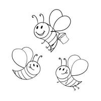 Monochrome picture, bees smiling, collecting honey, carrying a bucket of honey, vector illustration in cartoon style on a white background