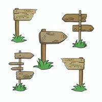 A set of different icons, an old wooden pointer, worn-out pointers standing on the grass, a vector illustration in cartoon style on a white background