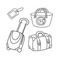 Monochrome picture, a set of summer badges, suitcases and bags with a tag, vector illustration in cartoon style on a white background