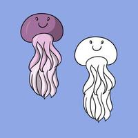 conjunto de ilustraciones, vida marina, medusas moradas con una sonrisa y apéndices largos, vector en estilo de dibujos animados sobre un fondo de color