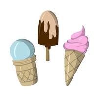 un conjunto de íconos, varios helados deliciosos, postre frío, ilustración vectorial en estilo plano sobre un fondo blanco vector