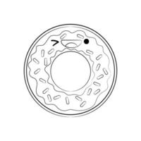 icono de vector de donut lindo de estilo de contorno aislado sobre fondo blanco. pegatina de dibujos animados ilustración de comida sonriente kawaii. estilo de contorno de caricatura plana. página para colorear